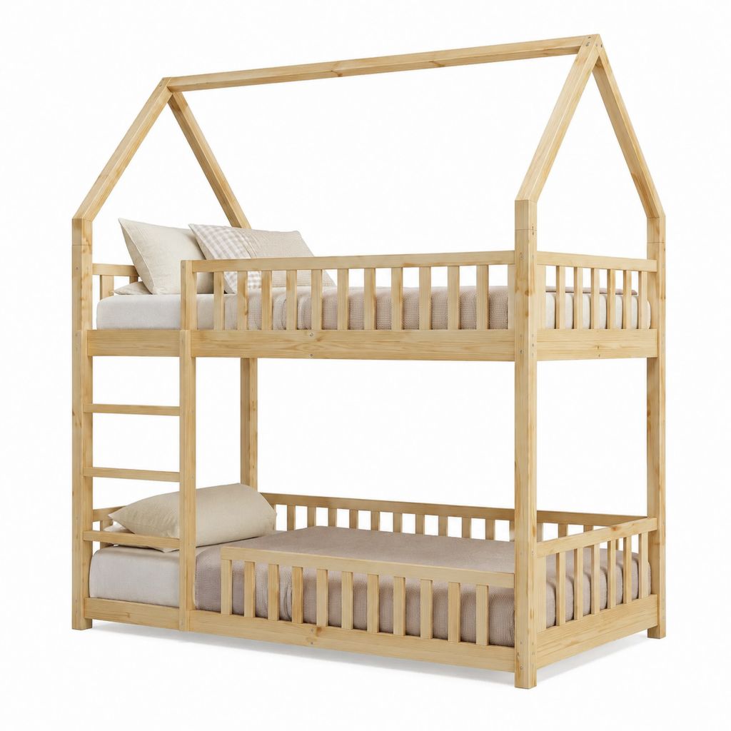 Kinder-Etagenbett Hausbett Natur aus massivem Kiefernholz 90 x 200 cm 209 x 99 x 228 cm