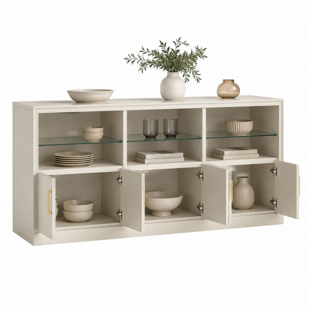 Sideboard Cremeweiß MDF mit Glasböden 3 Türen 160 x 40 x 90 cm