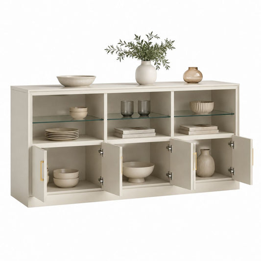 Sideboard Cremeweiß MDF mit Glasböden 3 Türen 160 x 40 x 90 cm