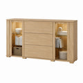 Sideboard Eiche natur Massivholz rechteckig mit 3 Schubladen und 2 Glasfächern 160 x 40 x 90 cm