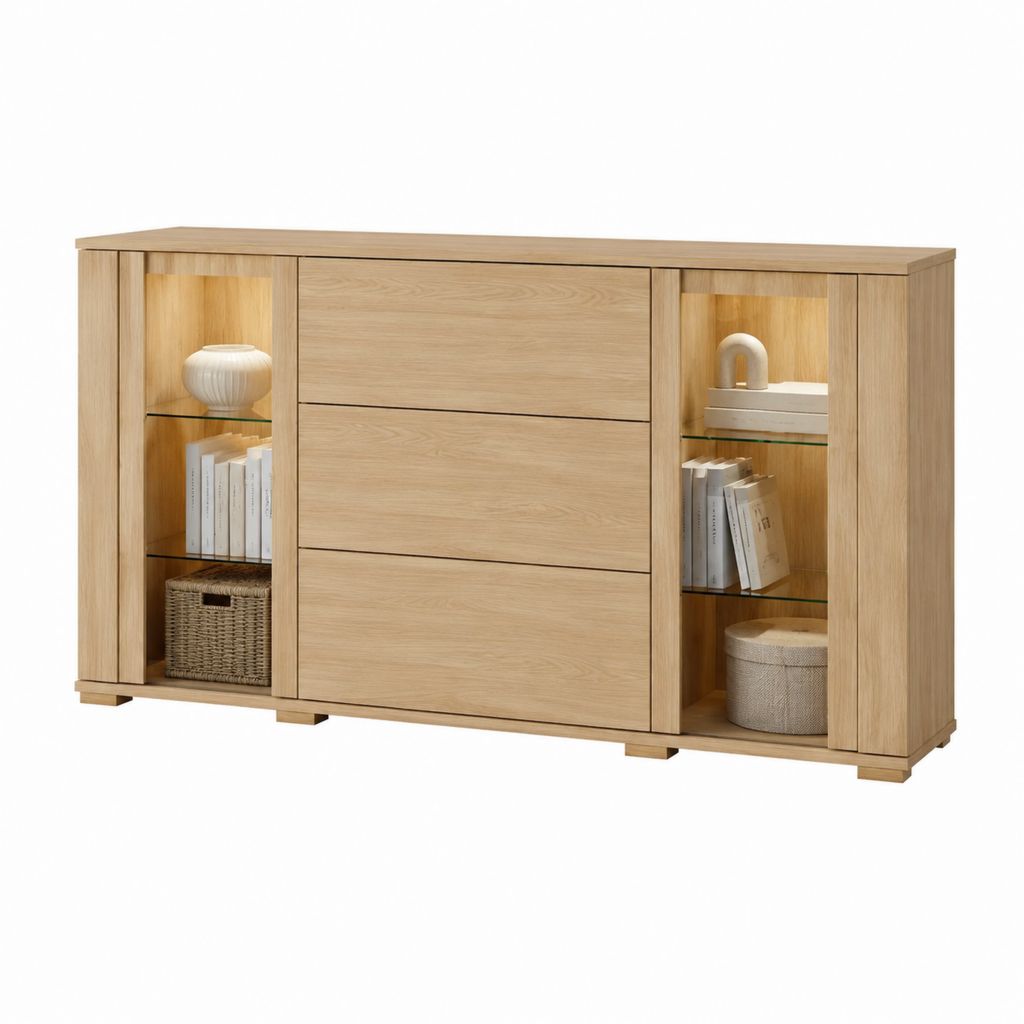 Sideboard Eiche natur Massivholz rechteckig mit 3 Schubladen und 2 Glasfächern 160 x 40 x 90 cm