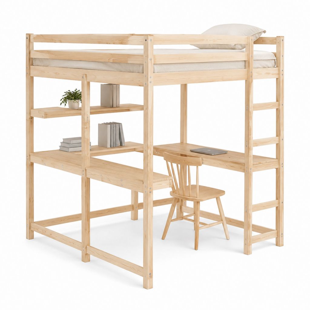 Hochbett mit Schreibtisch und Regal naturfarben massives Kiefernholz rechteckig 90 x 200 cm 208 x 98 x 180 cm