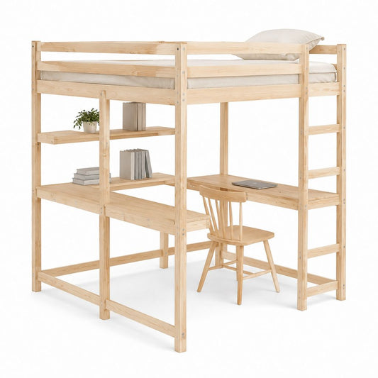 Hochbett mit Schreibtisch und Regal naturfarben massives Kiefernholz rechteckig 90 x 200 cm 208 x 98 x 180 cm