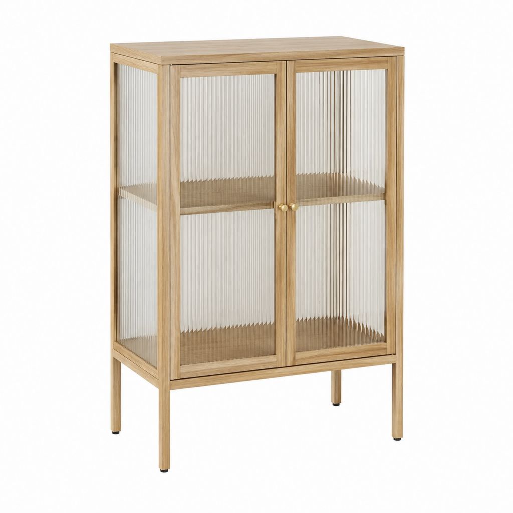 Vitrine aus Eichenholz Natur mit geriffeltem Glas rechteckig 80 x 40 x 120 cm