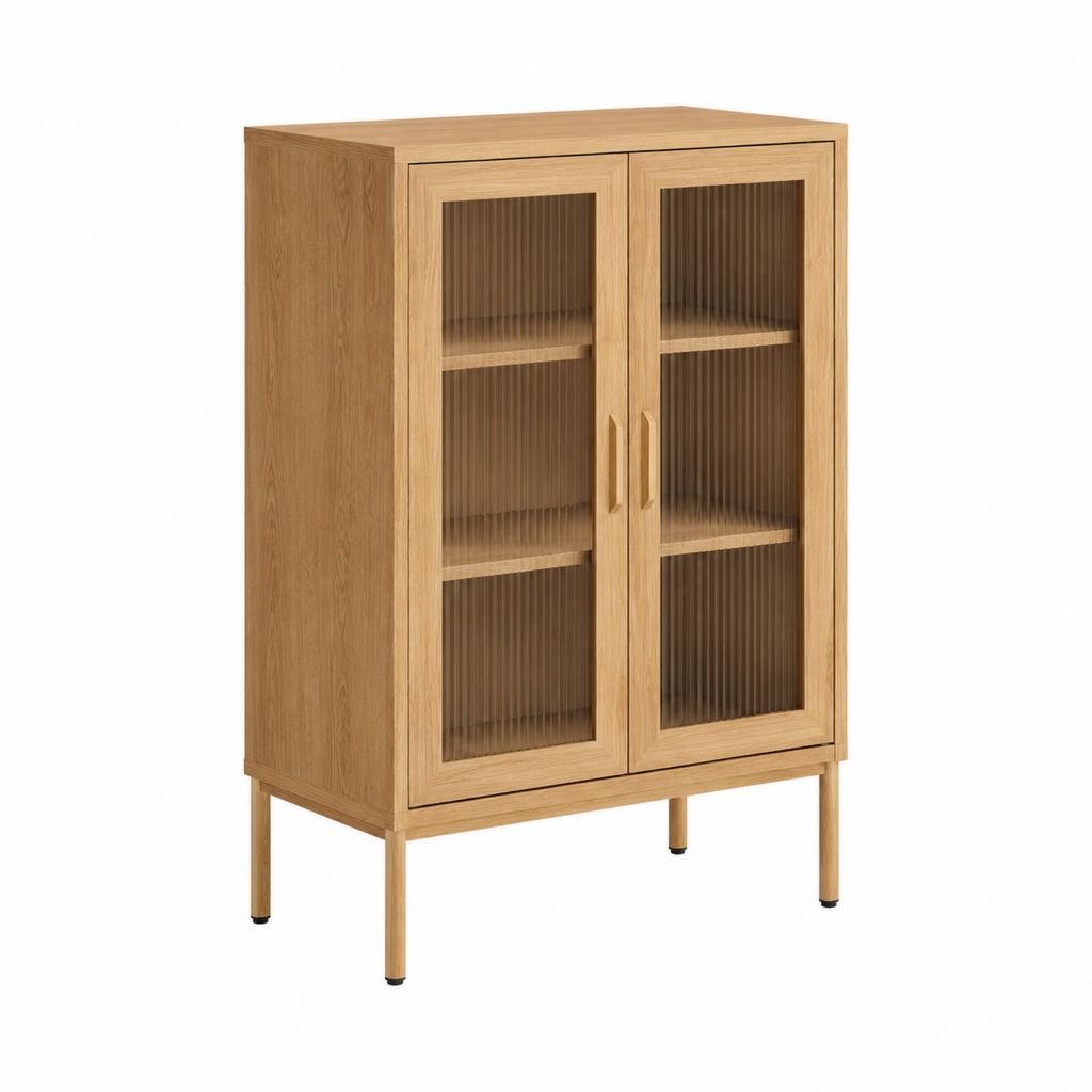 Vitrine mit 2 Glastüren Eichenoptik MDF und Riffelglas 80 x 40 x 140 cm