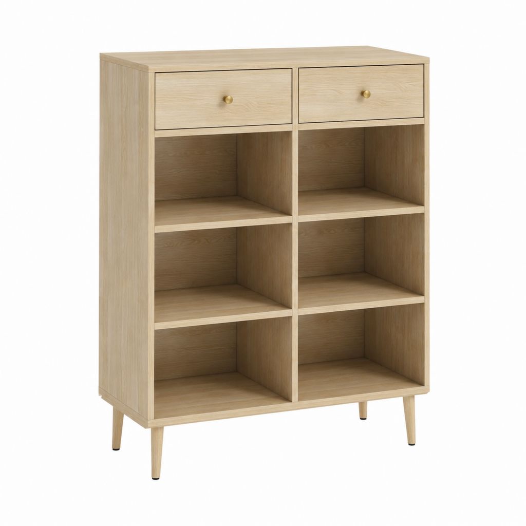 Sideboard mit 6 offenen Fächern und 2 Schubladen Eichenoptik MDF 80 x 40 x 120 cm
