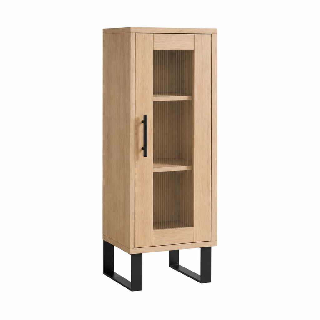 Vitrinenschrank aus MDF mit Eichenfurnier und Riffelglas in Natur 60 x 40 x 180 cm