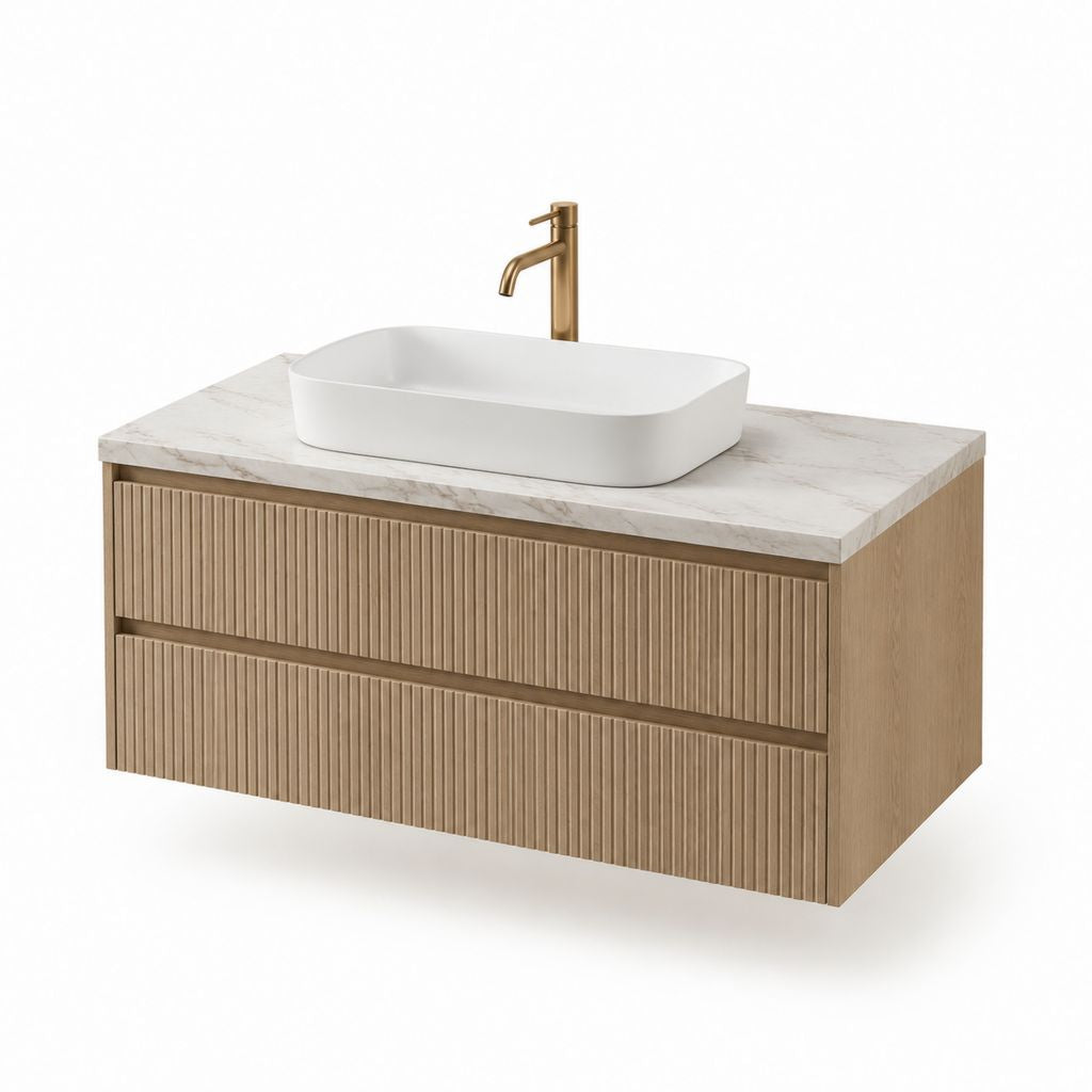 Waschtischunterschrank Set Eiche MDF rechteckig mit 2 Schubladen und Aufsatzwaschbecken 100 x 46 x 55 cm