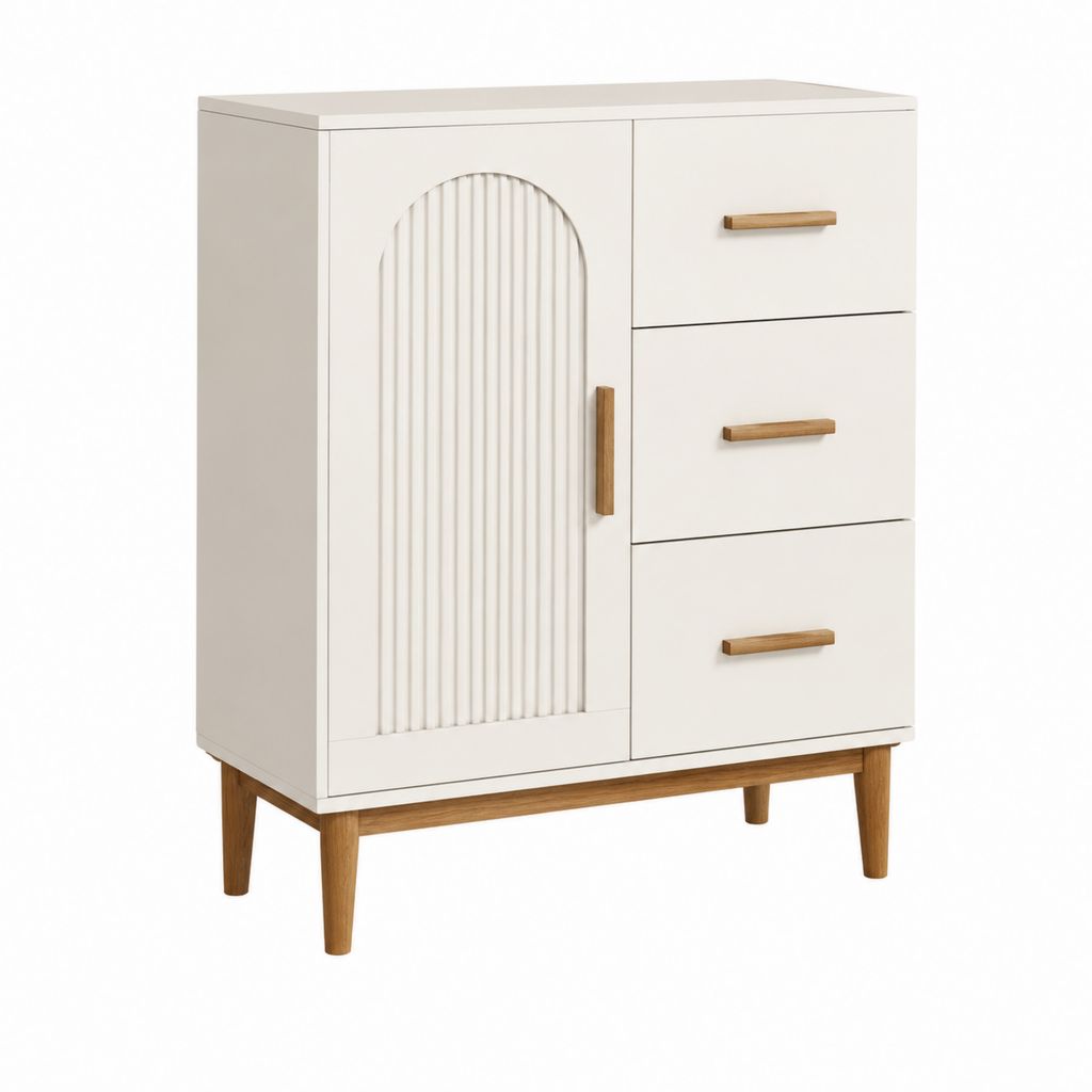 Sideboard Weiß aus MDF und Massivholz mit 1 Tür 3 Schubladen 80 x 40 x 110 cm