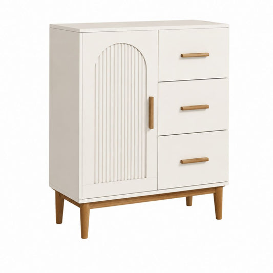 Sideboard Weiß aus MDF und Massivholz mit 1 Tür 3 Schubladen 80 x 40 x 110 cm
