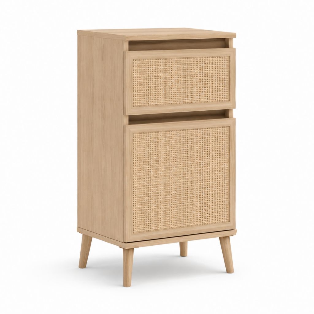 Nachttisch rechteckig in Eichenfarbe mit Rattanfront und 2 Schubladen 40 x 35 x 65 cm