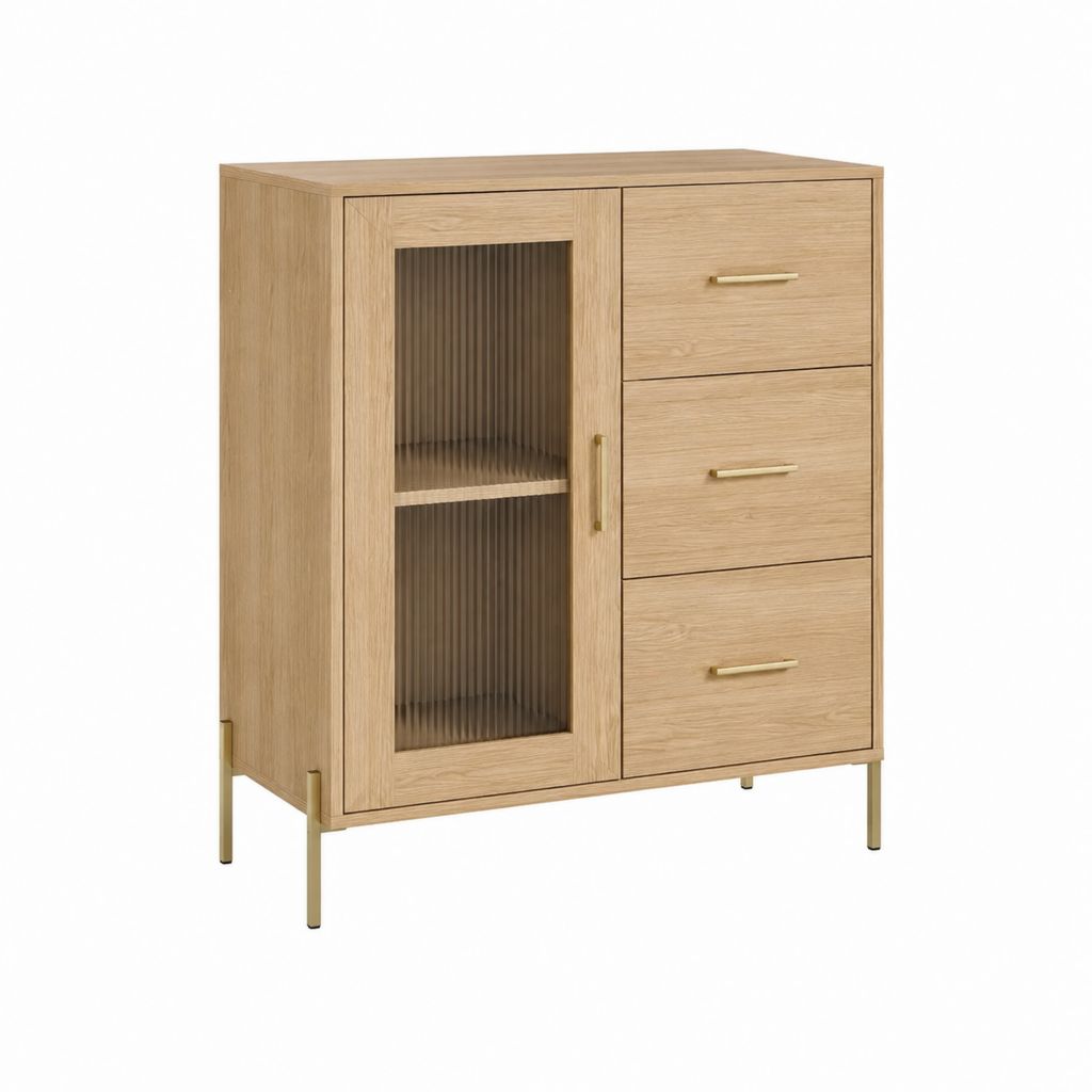 Highboard Sideboard Eiche Natur MDF mit Riffelglas und Stahlbeinen 90 x 40 x 120 cm