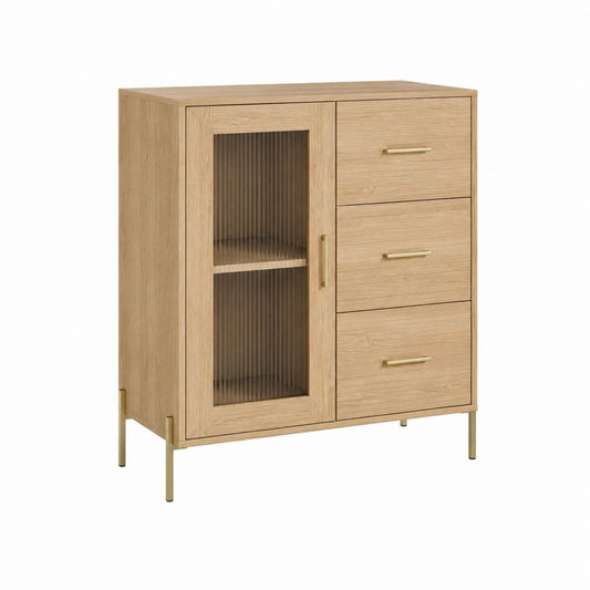 Highboard Sideboard Eiche Natur MDF mit Riffelglas und Stahlbeinen 90 x 40 x 120 cm