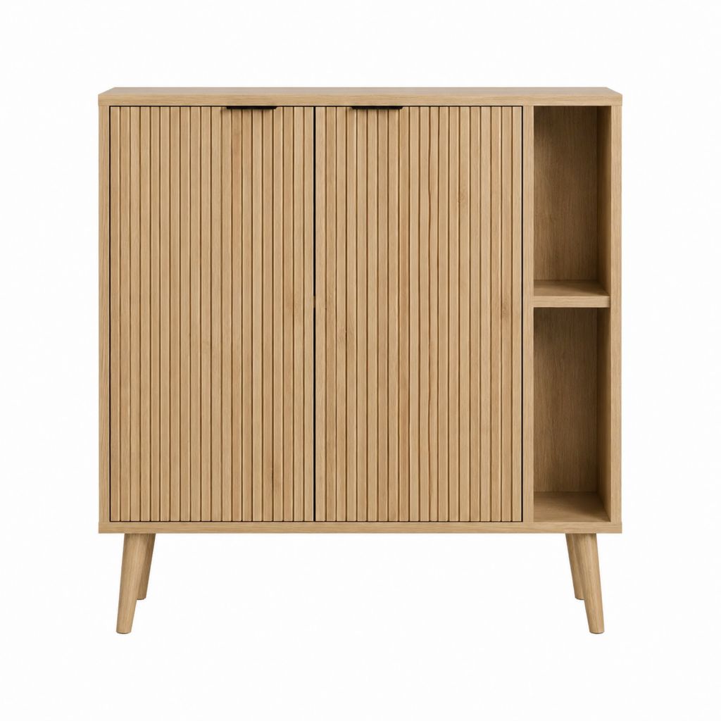 Sideboard Eiche furniert mit Lamellentüren und offenen Fächern 90 x 40 x 120 cm