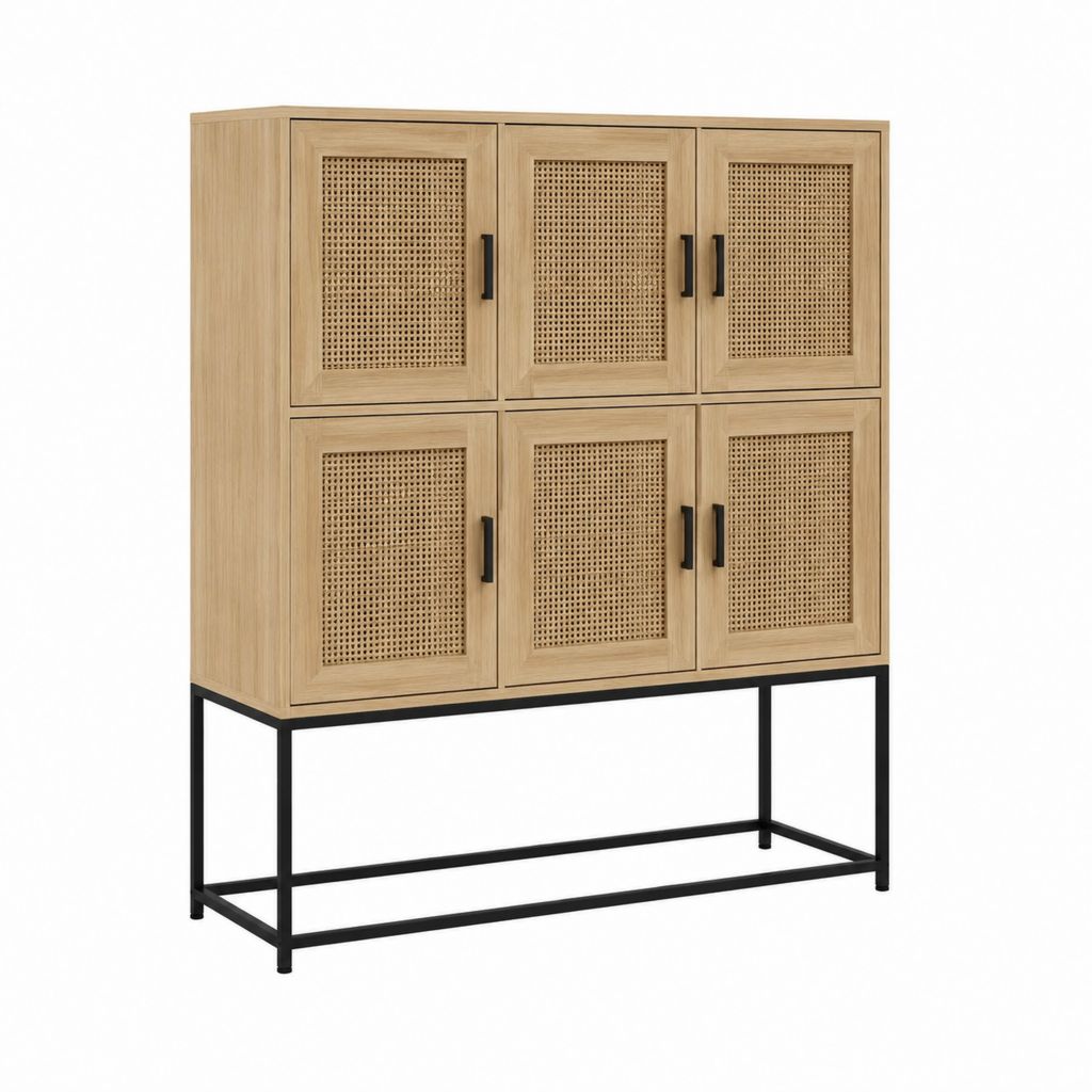 Highboard Sideboard Eichenholzdekor Rattan Stahl rechteckig 120 x 40 x 140 cm