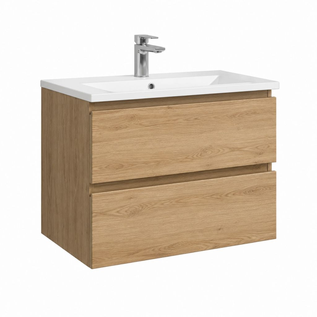 Waschtischunterschrank Set mit Keramikwaschbecken Eiche Natur Spanplatte rechteckig 80 x 46 x 54 cm